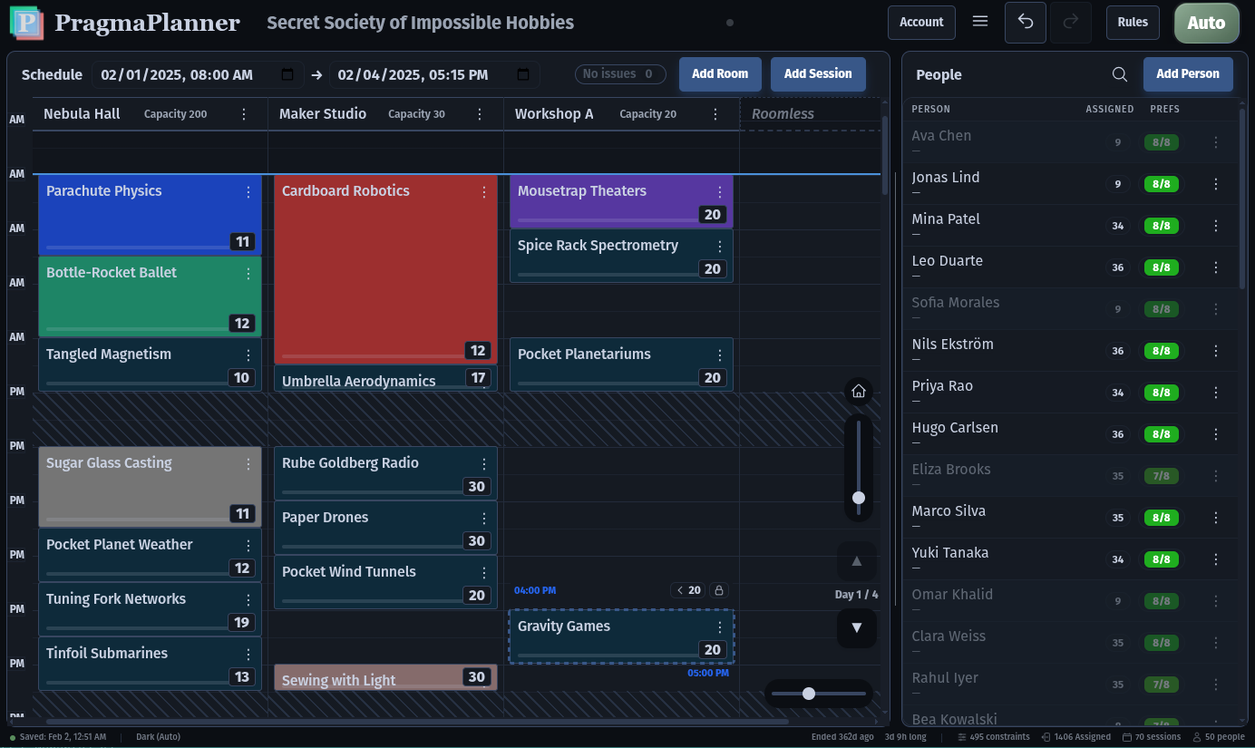 Automatic event planning using multithreaded CP-SAT in browser