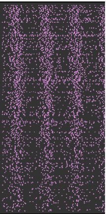 Raster plot after five seconds of simulation with repeated bursts driven by the 35 hertz launcher input.